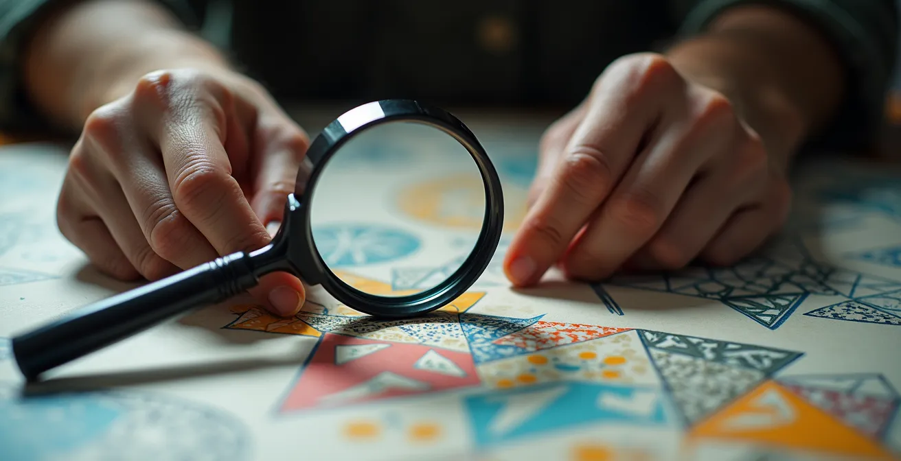 Mains tenant une loupe examinant des motifs abstraits colorés sur documents