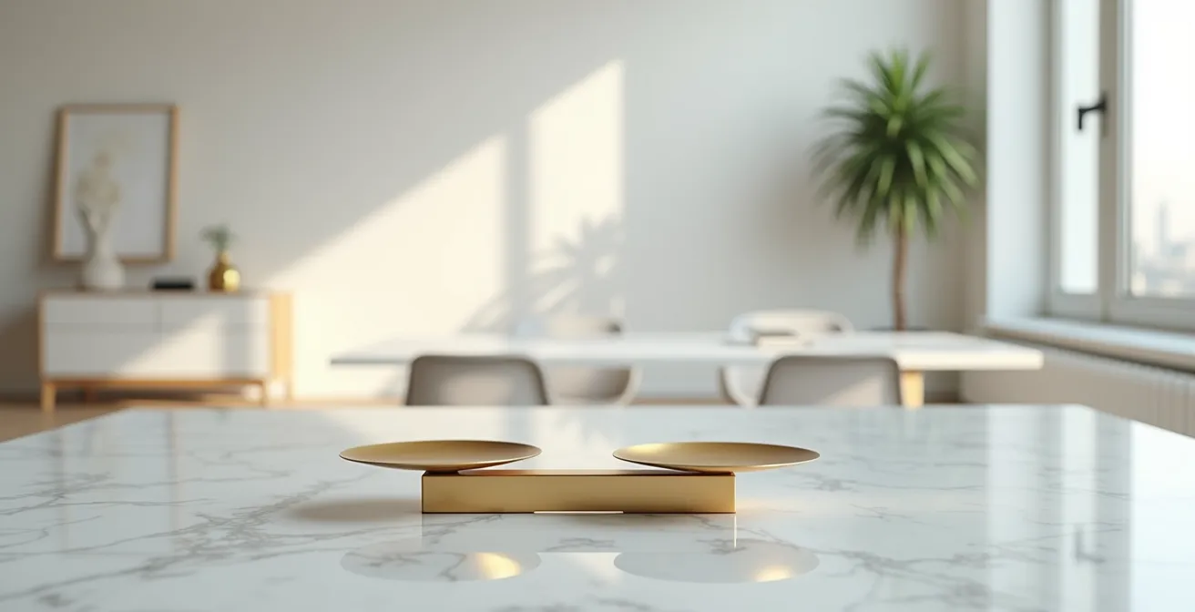 Bureau épuré avec balance dorée symbolique sur surface réfléchissante